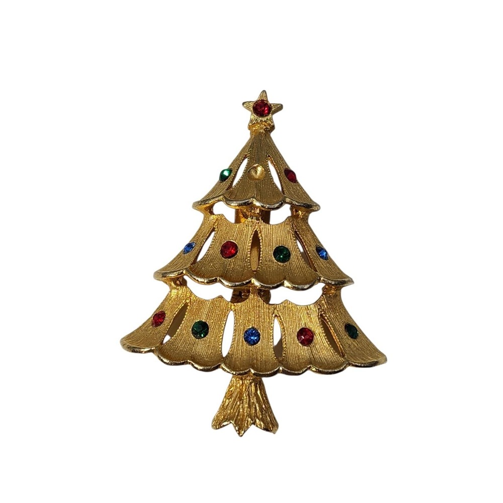 Vintage‎ JJ Jonette gold tone rhinestone holiday Christmas tree brooch pin